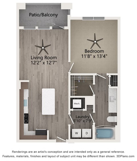 Floor plan for 1 bed, 1 bath, 730 sqft